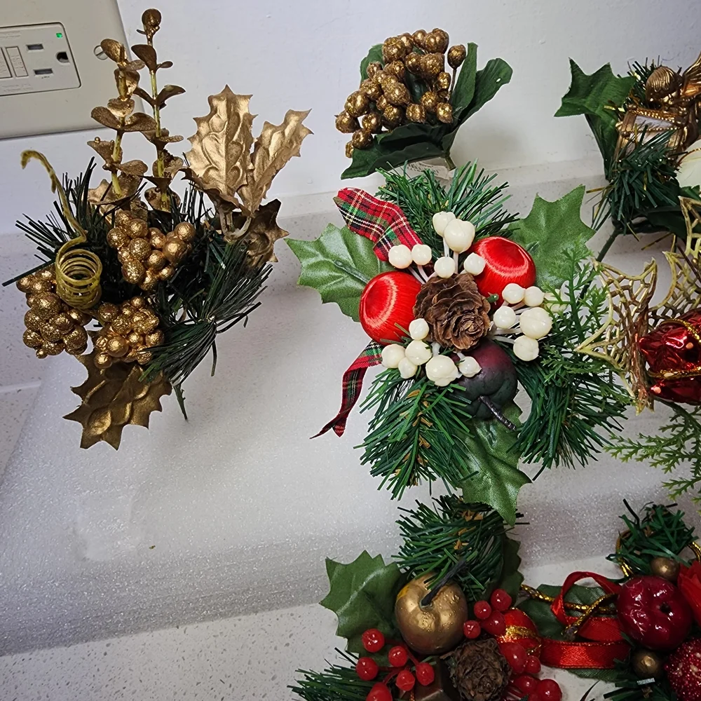 Vintage Floral Holiday Ornament Set with Gold and Red Accents 7 Pieces